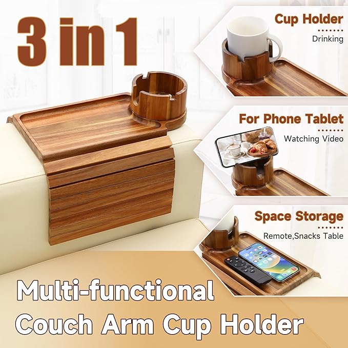 SINWANT Couch Cup Holder Tray,Acacia Wood Sofa Arm Clip on Tray Table with 360° Rotation Cup Holder,Foldable Anti-Slip Couch Armrest Table for Coffee Mug,Water Bottles,Snacks,Remote on Large Armrest