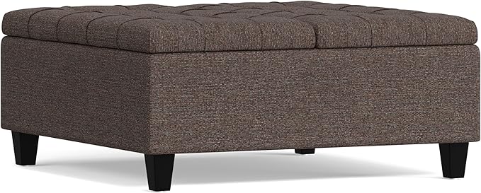 SIMPLIHOME Harrison Coffee Table Storage Ottoman - 36 inch Wide Upholstered Tweed Look Fabric Square Lift-Top Ottoman in Mink Brown, Transitional Ottoman for Living Room with Hidden Storage