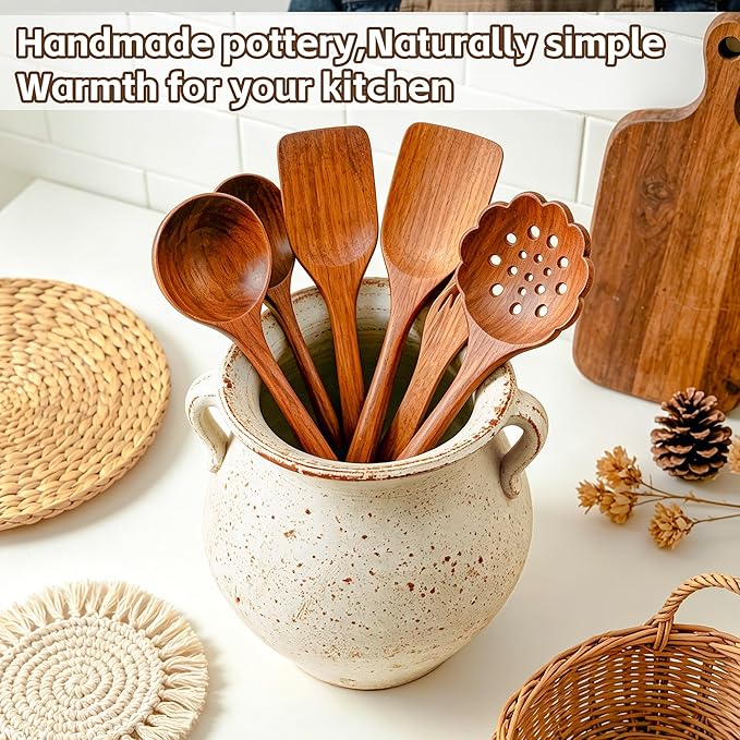 Rustic Kitchen Utensil Holder for Countertop, 7.6x4.9In Large Ceramic Cooking Utensil Crocks for Countertop, with non-slip pads, Morden Farmhouse Vintage Kitchen Counter Decor
