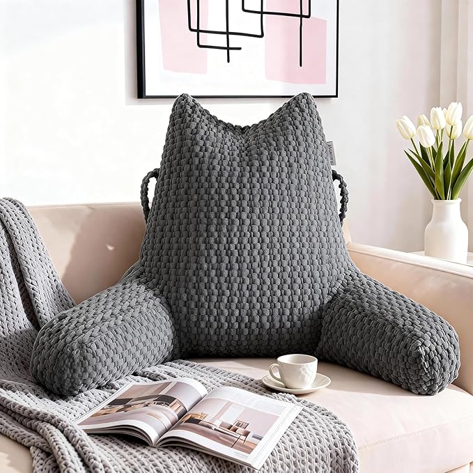 Reading Pillow for Bed Sitting Up, Backrest Pillow with Shredded Memory Foam Filling, Back Support Cushion, Bed Rest Pillow with Arms, Pockets and Washable Cover-Grey