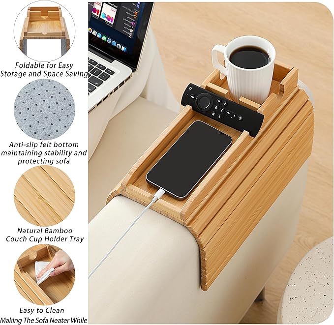 Bamboo Couch Cup Holder Arm Tray Table，Foldable Couch Drink Holder Armrest Table，Sofa Arm Rest Tray，Flexible Arm Chair Table Tray Recliners for Drink,Cups, Snacks, Phone, Remote (Bamboo)