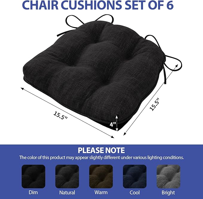 IPYNBAP Chair Cushions for Dining Chairs Set of 6, Kitchen Chair Cushions, Chair Pads with Ties and Non Slip Backing, Tufted Memory Foam Seat Cushion 6 Pack, 15.5" x 15.5" x 4", Black