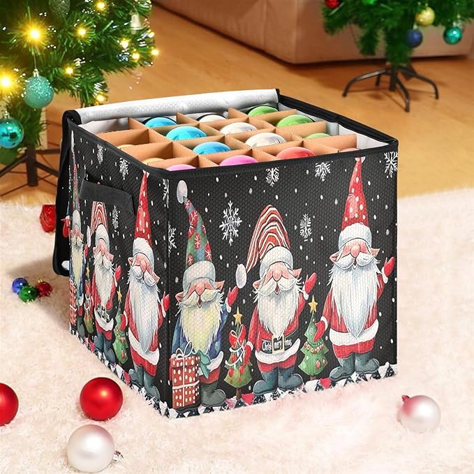 Gnomes Christmas Ornament Storage Basket Box Winter Snowflake Holiday Storage Container Cube with Adjustable Dividers for 64 Holiday Ornaments or Decorations Keeps Clean and Dry for Next Season