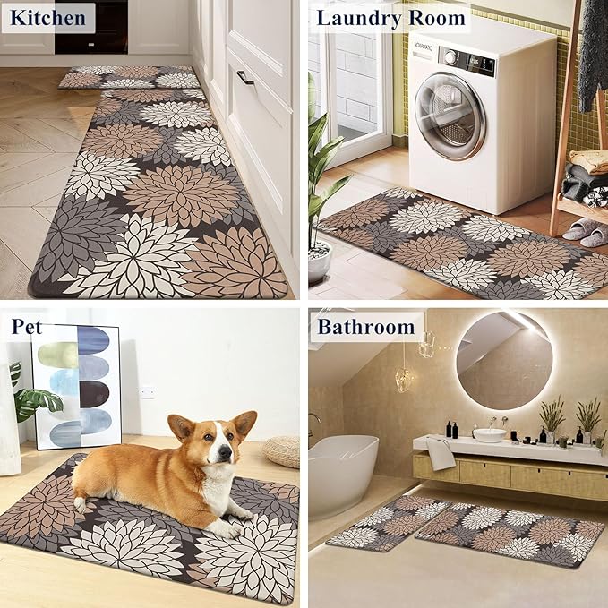 HEBE Anti Fatigue Kitchen Rugs Sets of 2, Non Slip Kitchen Mats for Floor, Waterproof Cushioned Comfort Standing Carpet for Kitchen Sink, Home Office, Laundry Room