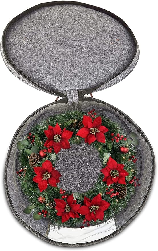 Christmas Wreath Storage Bag,Collapsible Felt Holiday Garland Container with Zipper & Handle, Durable Wreath Organizer Bin for Seasonal Decor Storage 20 x 12 (GREY)