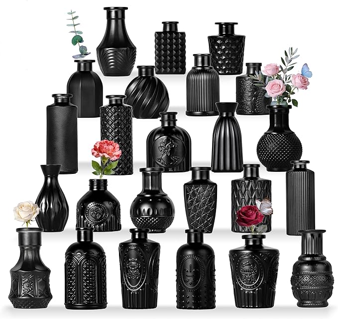 Mini Bud Vases As Wedding Centerpieces for Tables,Clear Bud Vases for Flowers,Small Flower Vases Suitable for Birthday Party,Anniversary,Wedding Reception,Baby Shower (Matt Black, 24PCS)