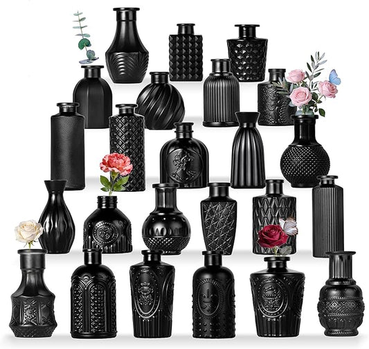 Mini Bud Vases As Wedding Centerpieces for Tables,Clear Bud Vases for Flowers,Small Flower Vases Suitable for Birthday Party,Anniversary,Wedding Reception,Baby Shower (Matt Black, 24PCS)