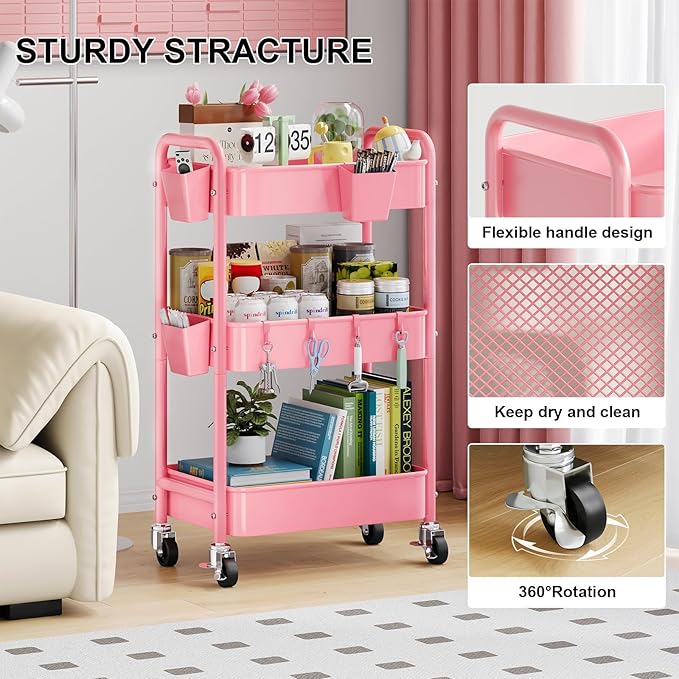 3 Tier Rolling Cart on Wheels, Metal Utility Storage Cart with Wheels, Three Tiered Craft Carts Organizer with Hanging Cups, Hooks, Mesh Basket for Bedside, Kitchen, Bathroom, Office, Art, Snack, Pink