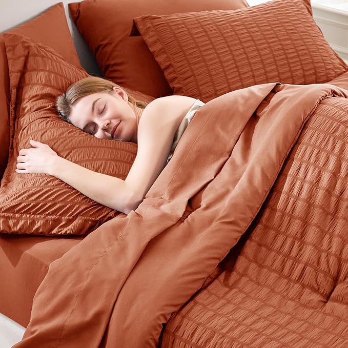 CozyLux Queen Comforter Set Burnt Orange Seersucker 7 Pieces Bed in a Bag Queen Comforter Set with Sheets, Terracotta Luxury Bedding Sets with Down Alternative Comforter, Sheets, Pillowcases & Shams