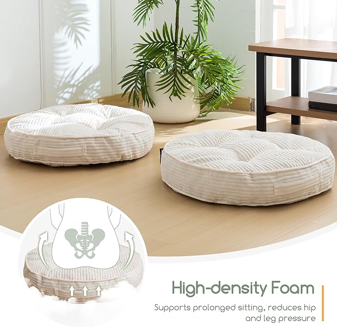 HIGOGOGO Floor Pillow Cushion for Adults, Meditation Cushion Pillow, Large Round Floor Sitting, Tufted Corduroy Cover, for Tatami Living Room or Yoga, 22x22 Inch, 2Pack, Beige