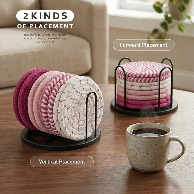 Lazebox Coasters Set of 8 for Drinks, Beer, Coffee, Cotton Woven 4 Colors Absorbent Coaster with Holder, Boho Coasters for Home Decor Tabletop Protection Suitable for Kinds of Cups