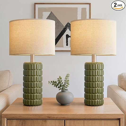 23" Modern Ceramic Table Lamps Set of 2 - Table Lamps for Living room, Farmhouse Bedside Night Stands Lamp for Bedroom, White Boho Nightstand Lamps Set of 2, Desk Lamp for End Table Home Decor(Green)