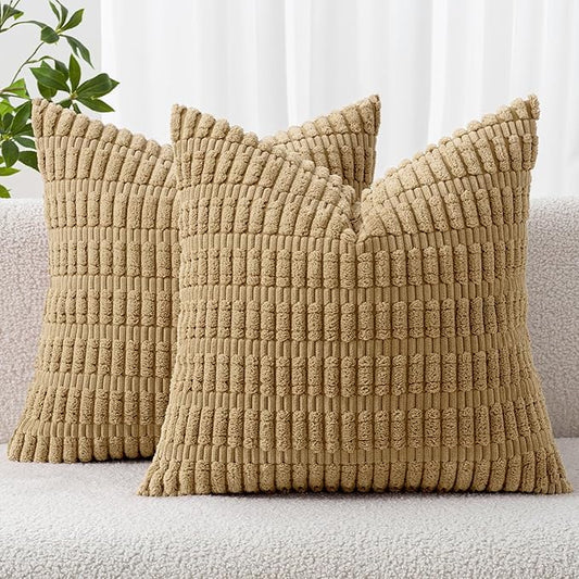 MIULEE Pack of 2 Corduroy Decorative Throw Pillow Covers 18x18 Inch Soft Boho Striped Pillow Covers Modern Farmhouse Home Decor for Sofa Living Room Couch Bed Khaki