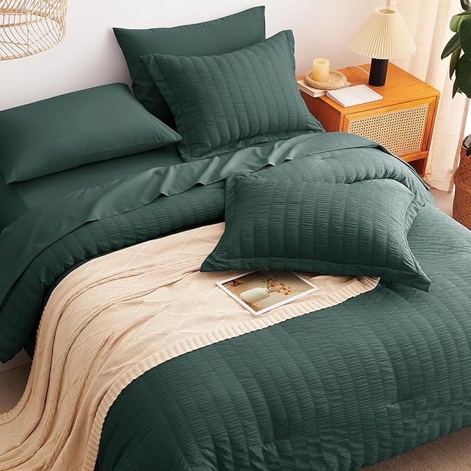 CozyLux King Size Comforter Set Forest Green Seersucker 7 Pieces Bed in a Bag King Comforter Set with Sheets, Luxury Soft Bedding Sets with Down Alternative Comforter, Sheets, Pillowcases & Shams