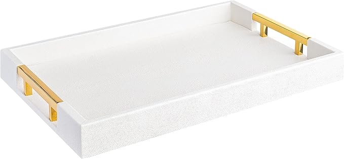 Home Redefined Modern Elegant 17.5"x12" Rectangle Glossy Faux Leather Shagreen White Decorative Serving Tray with Gold Polished Metal Handles for Ottoman Coffee Table Perfume