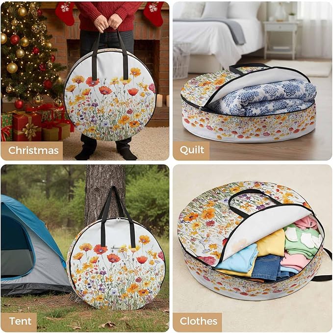 Yellow Orange Poppy Round Storage Bag 36 Inch, Watercolor Flower Spring Summer Floral Clothes Storage Container with Handles Heavy Duty Organizer for Comforter, Bedding & Holiday Wreaths