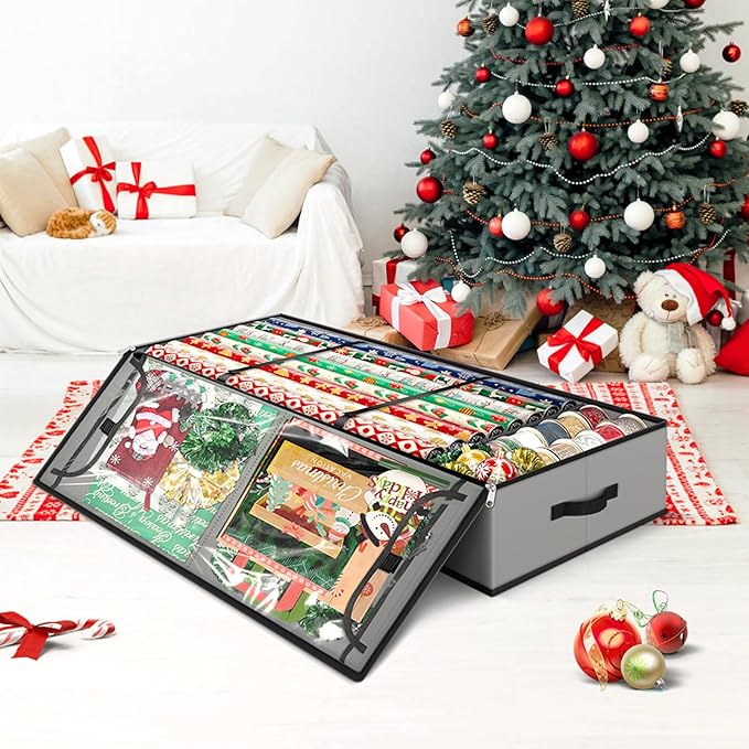 Fabspace Christmas Wrapping Paper Storage Containers, 40 Inch Gift Wrap Organizer, Visible Supplies Pockets for Xmas Accessories, Underbed Storage for Christmas Decorations, Grey