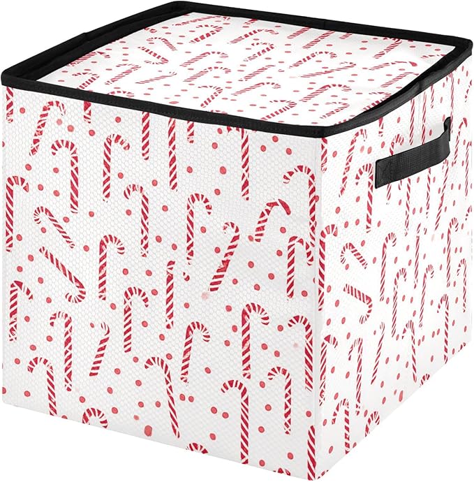 Christmas Ornament Storage Basket Box Red White Candy Cane Holiday Storage Container Cube with Adjustable Dividers for 64 Holiday Ornaments or Decorations Keeps Clean and Dry for Next Season
