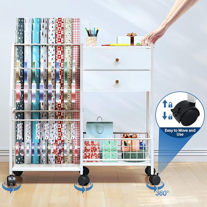 TC-HOMENY Wrapping Paper Organizer Storage Cart,Ribbon Organizer and Gift Wrap Rack with 2 Large Drawers, Blueprint Poster Holder, Craft Organizer, Christmas Paper Storage Containers with Wheels