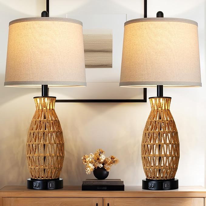 CINSARY 27" Rattan Table Lamps Set of 2 with Night Light, Boho Wicker Bedside Lamp for Bedroom with USB A+C Ports, Coastal Handwoven Woven Nightstand Lamps, Nautical Living Room Lamp for End Table