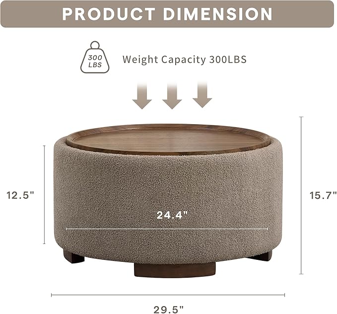 29.5 Inch Round Storage Ottoman Coffee Table,Modern Circle Coffee Table with Storage with Removable Lid Top and Solid Wood Legs,Large Round Ottoman for Bedroom,Living Room,Teddy Fleece,Brown