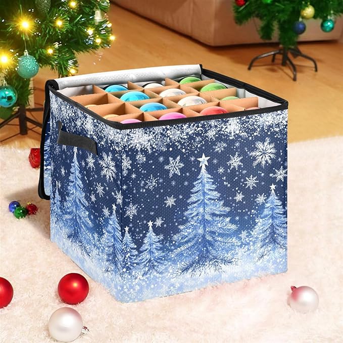 White Blue Snowflake Christmas Ornament Storage Basket Box Xmas Tree Winter Holiday Storage Container Cube with Adjustable Dividers for 64 Holiday Ornaments or Decorations Keeps Clean and Dry