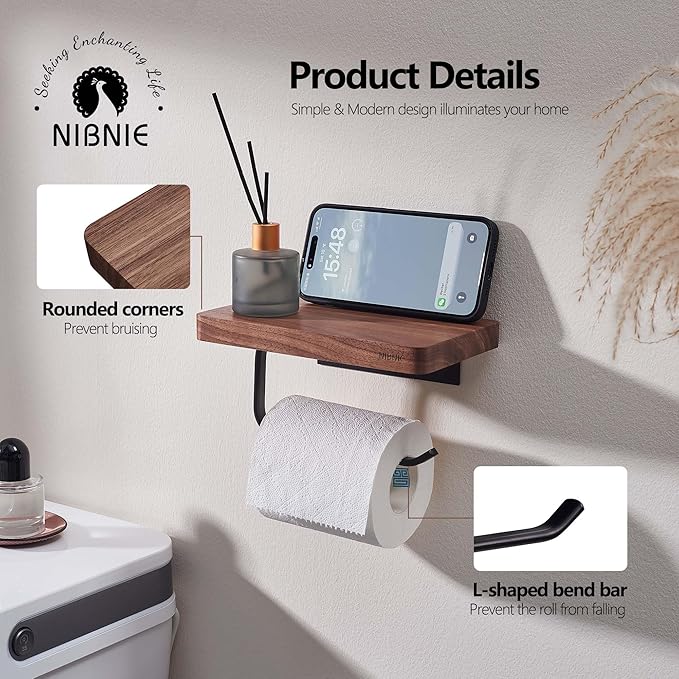 Walnut Wood Toilet Paper Holder with Phone Shelf, Adhesive or Drill Installation Bathroom Washroom Wall Mount Wooden Toilet Tissue Roll Holder with Shelf for Hold Wipes, Cell Phone (Flat)