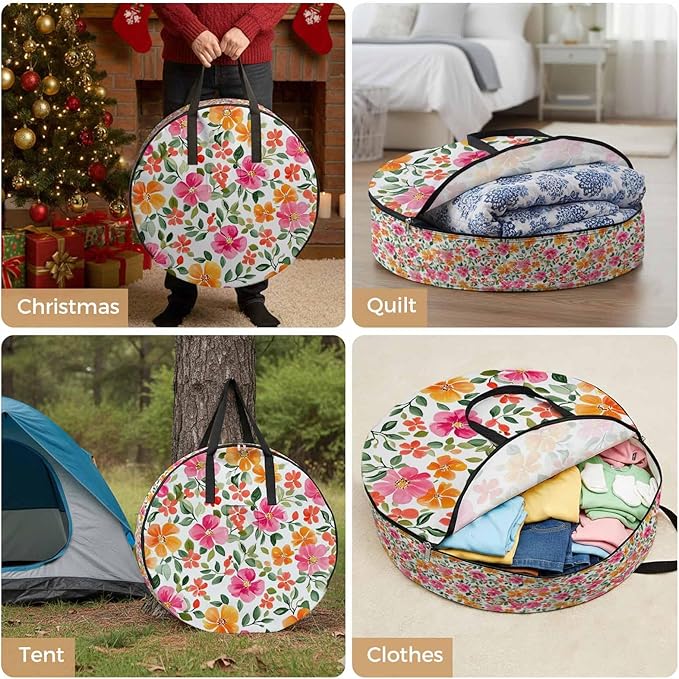 Red Yellow Floral Round Storage Bag 36 Inch, Retro Spring Leaves Flower Clothes Storage Container with Handles Heavy Duty Organizer for Comforter, Bedding & Holiday Wreaths