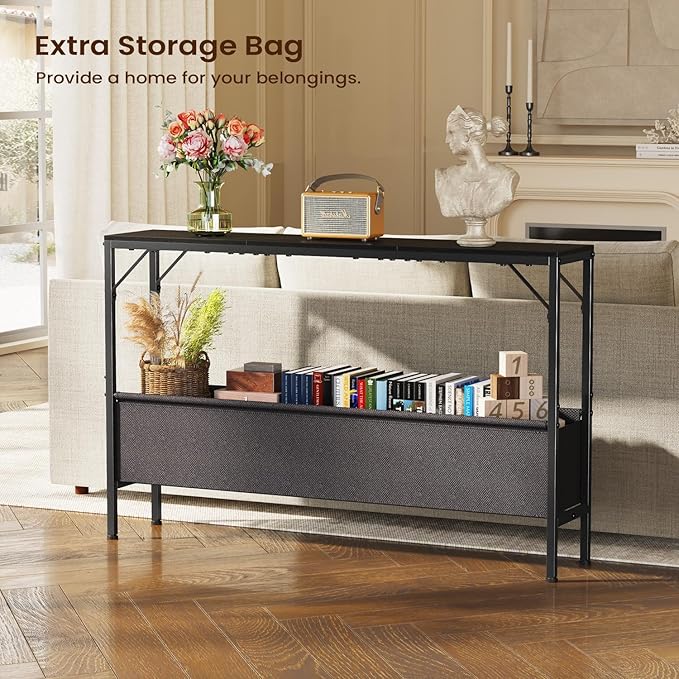 Asgolion Narrow Console Table, 47.2" Long Entryway Table with Storage Basket, Hallway Table, Mordern Industrial Sofa Tables for Living Room, Bedroom, Foyer, Office, Anti-tip Kit, Black