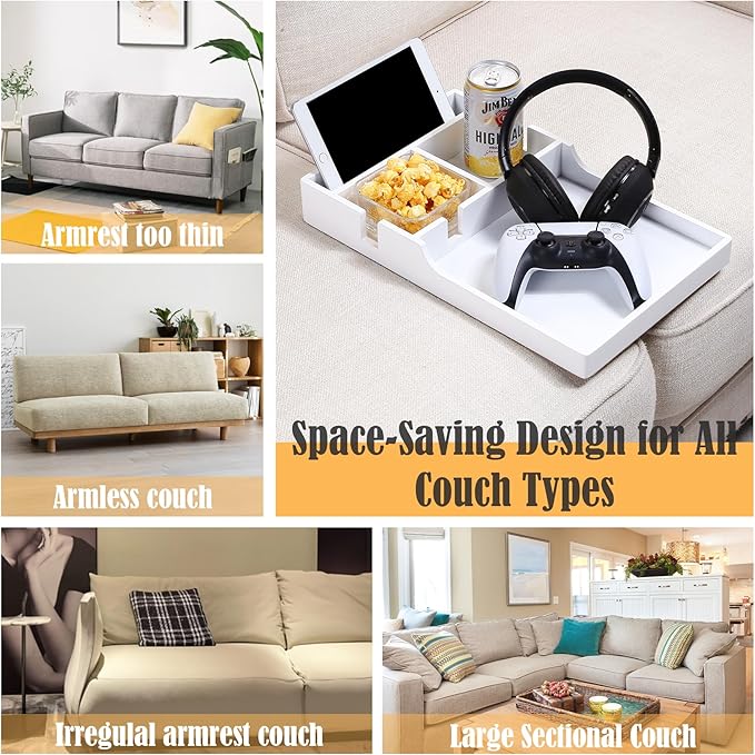 Nnewvante Sofa Tray Between Cushion, 2-in-1 Insert & Flat Sofa Organizer Bamboo with 2 Cup Holders,Fits Middle Couch or Ottomans,for Snacks, Drinks, Remotes,15.35x9.84-inch,White