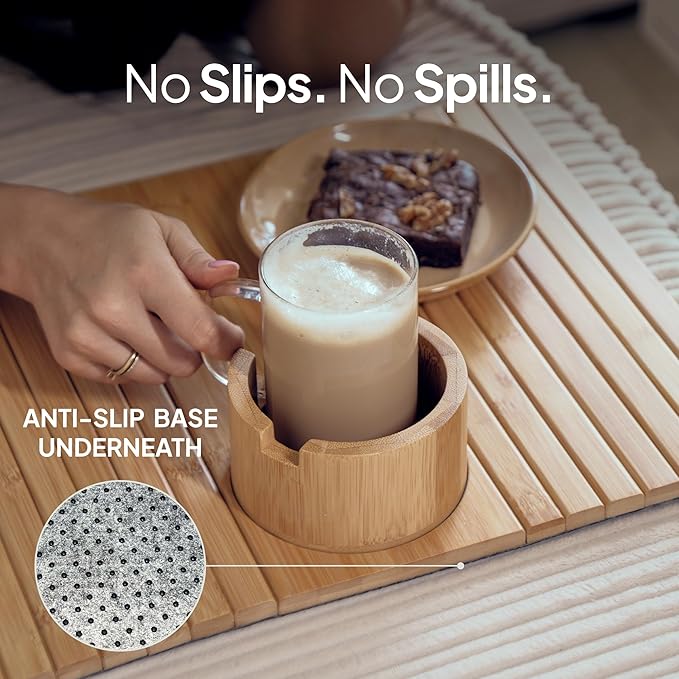 Bamboo Couch Arm Tray for Drinks and Snacks with Detachable Cup Holder and Anti Slip Base, Foldable Sofa Arm Tray for Convenient Couch Side Use