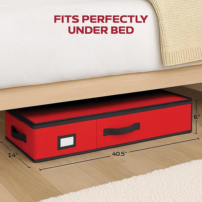 Christmas Wrapping Paper Organizer Storage Box, Straps/Pockets, 40" Heavy-Duty Gift Wrap Storage Holder for Bags, Bows, Tags, Ribbons, Holiday Decorations, Fits Up to 24 Rolls Underbed Container (Red)