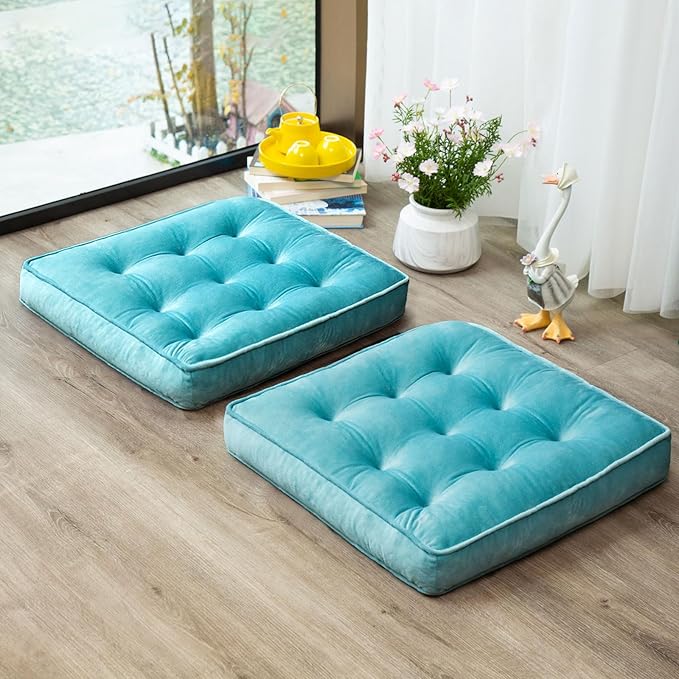 1 MIDDLE ONE Floor Pillow Set of 2, Memory Foam Meditation Cushion, Floor Cushions for Adults Sitting, Large Square Seat Cushions for Yoga, Couch, Sofa, Kids, Living Room, 22x22 Inch (Blue)