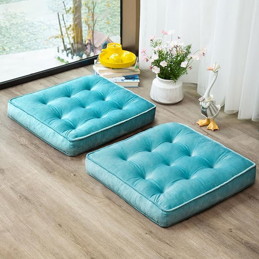 1 MIDDLE ONE Floor Pillow Set of 2, Memory Foam Meditation Cushion, Floor Cushions for Adults Sitting, Large Square Seat Cushions for Yoga, Couch, Sofa, Kids, Living Room, 22x22 Inch (Blue)