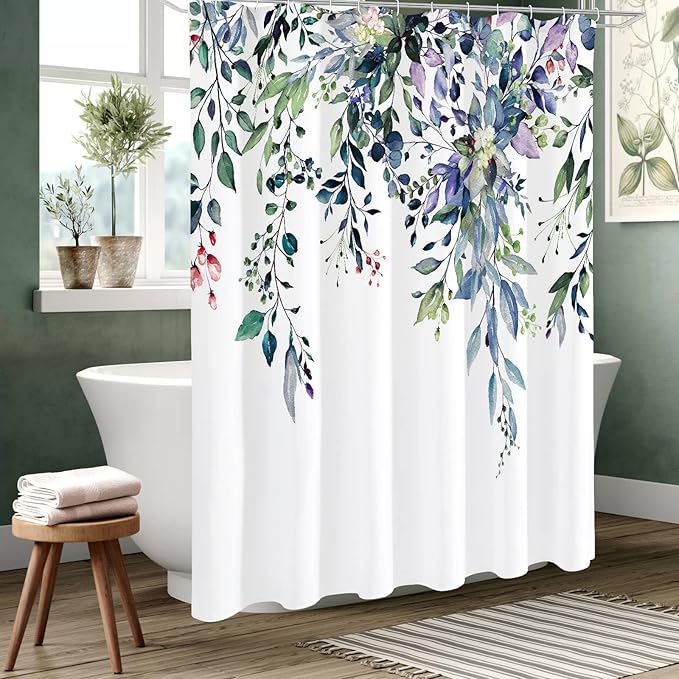 Gibelle Spring Floral Shower Curtain for Bathroom, Watercolor Green Eucalyptus Leaves Plant Shower Curtain Set, Washable Polyester Fabric 72x72 Inch
