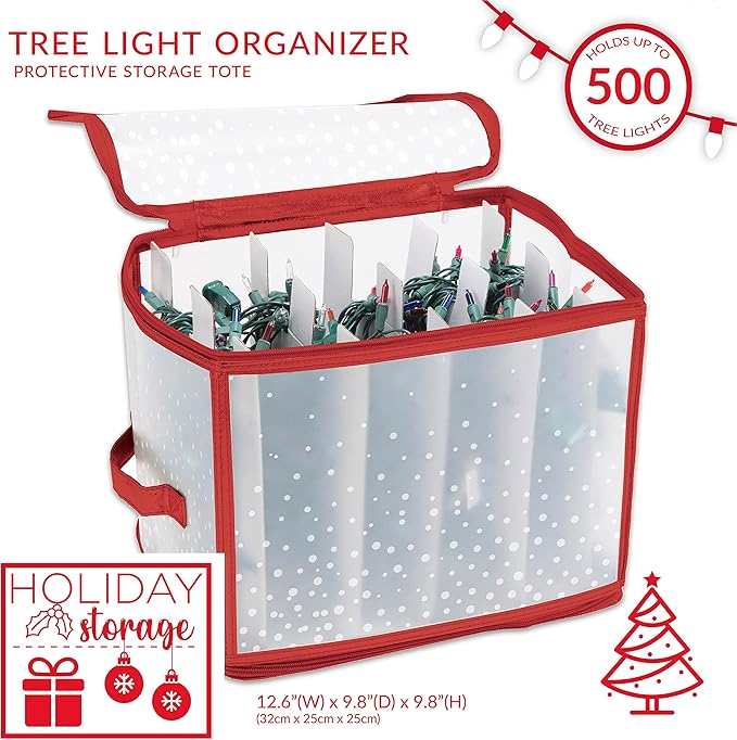 Simplify Holiday Light Organizer Box | Holds 500 Lights | Christmas Storage | Tree String Lights | 5 Divider Reels | Collapsible | Ultra Zip | Red