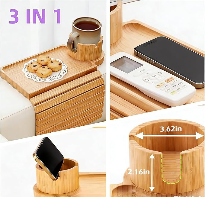 Bamboo Sofa Armrest Tray , 3 in 1 Large Couch Cup Holder Tray with Anti-Slip Pad, Stable Couch Arm Tray for Eating Drinking, Fits Wide Square & Flat Sofa/Couch Arms