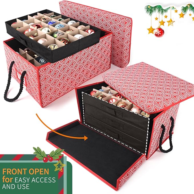 Christmas Ornament Storage Box,Christmas Ornament Organizer Storage Box with Dividers,Stackable 3 Drawer Organizers,Holds 3 Inch 72 Ornaments,Ornament Organizer,Christmas Ball Storage Container
