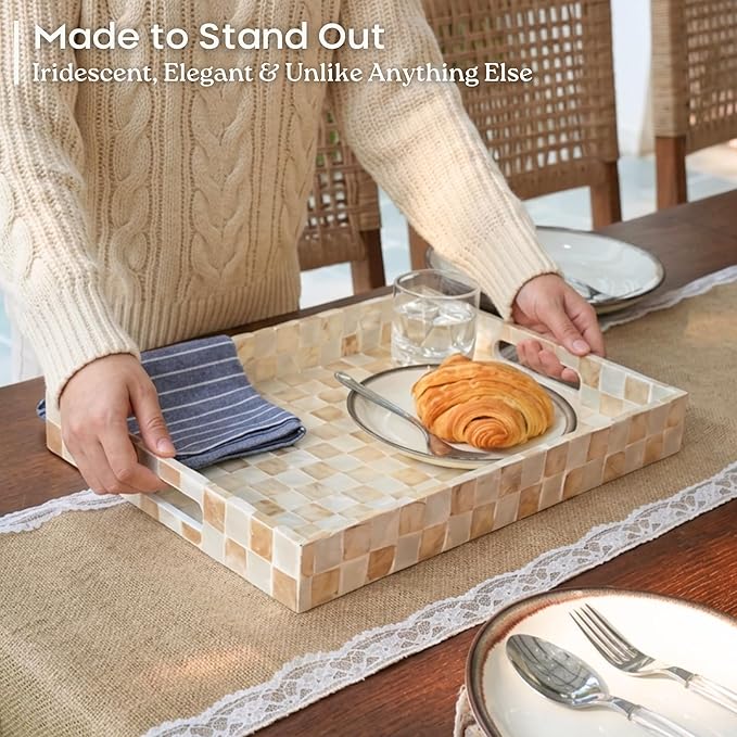 CHI AN HOME Decorative Checkered Tray with Handles, Handmade Tray with Natural Capiz Shells, Serving Tray for Ottoman, Coffee Table, Kitchen Counter Home Decor (Ivory, 15.8" x 11")