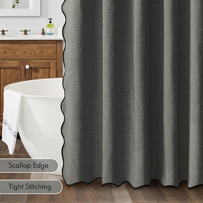 MIULEE 84" Long Scalloped Shower Curtain Linen Textured with 12 Metal Hooks Cute Extra Long Heavy Duty Washable Waterproof Cloth Curtains with Black Border for Bathroom Hotel Bathtub,Charcoal Grey