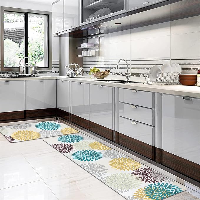 HEBE Anti Fatigue Kitchen Rugs Sets of 2, Non Slip Kitchen Mats for Floor, Waterproof Cushioned Comfort Standing Carpet for Kitchen Sink, Home Office, Laundry Room, Colorful
