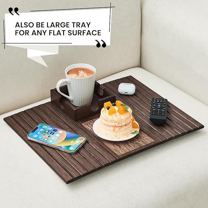 LOVYANXUE Bamboo Sofa Arm Tray Table, Foldable Couch Cup Holder, Anti-Slip Wide Couch Arm Tray Aremrest Table for Drink, Cup, Remote, Snacks, Cellphone, Portable, Brown