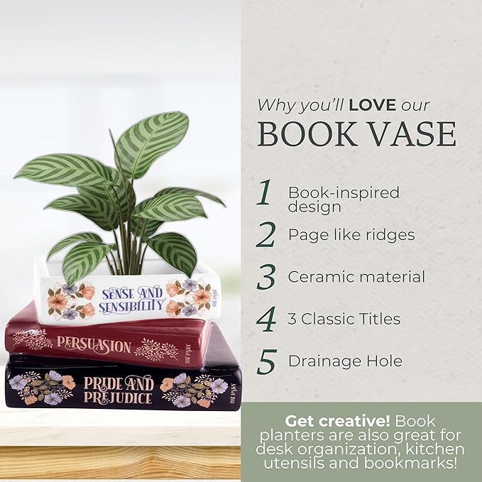 Steel Mill & Co Original Small Book-Shaped Decorative Planter, Ceramic Planter for Home Decor, Cute Bookshelf Decor, Unique Planter for Book Lovers, Classic Titles, Jane Austen