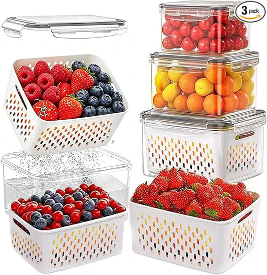 3PCS Fruit Containers for Fridge with Removable Filter, Berry Airtight Produce Storage Containers to Keep Fruit and Vegetables Fresh, BPA-Free Dishwasher Safe Food Containers (Transparent)