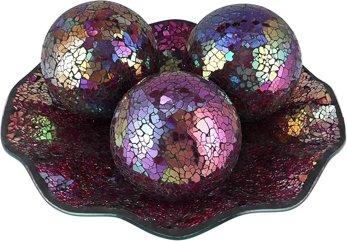 MDLUU Centerpiece Bowl and Balls Set, Mosaic Tray with 3 Pieces Spheres, 12" Decorative Plate with 4" Mosaic Orbs for Home Decor, Gift (Multicolored Purple)