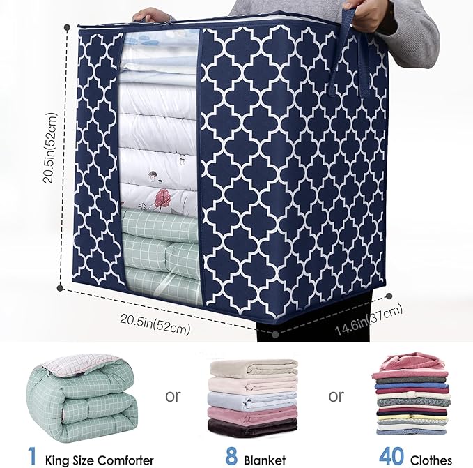 WISELIFE Storage Bags 2 Pack/100L Large Blanket Clothes Organization and Storage Containers for Comforters,Bedding, Foldable Organizer with Reinforced Handle, Clear Window, Sturdy Zippers,Blue