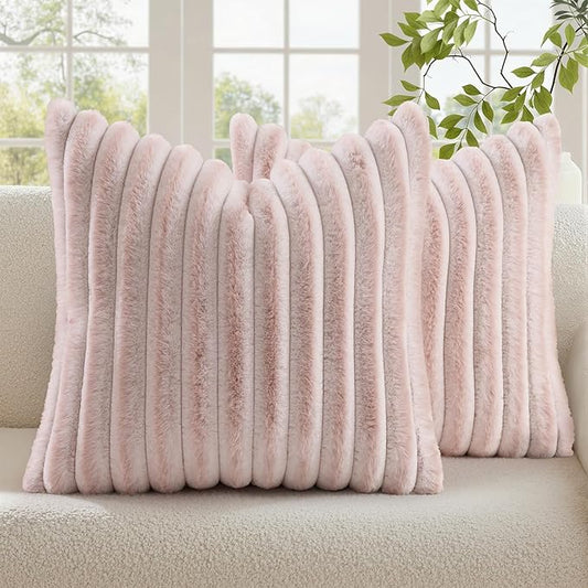 decorUhome Summer Cozy Faux Fur Throw Pillow Covers 24x24 Set of 2 Decorative Plush Striped Modern Farmhouse Boho Couch Euro Sham Pillow Cases with Velvet Back for Sofa Bed Living Room, Pink White