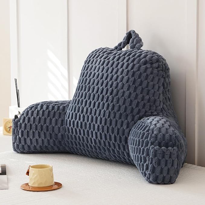 Yaoshuho Fluffy Reading Pillow for Sitting in Bed, Large Backrest Bed Pillow with Arms, Back Support Pillow for Lounging Bedrest, Navy