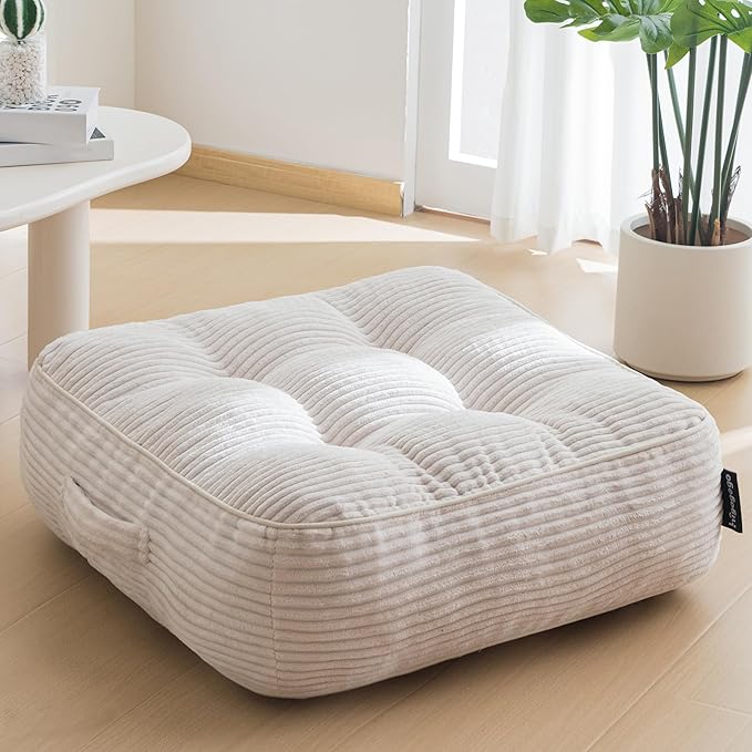 HIGOGOGO 8" Extra Thick Floor Pillow Cushion for Adults, Meditation Cushion Pillow, Large Square Floor Sitting, Tufted Corduroy Cover, for Tatami Living Room or Yoga, 22x22 Inch, Beige