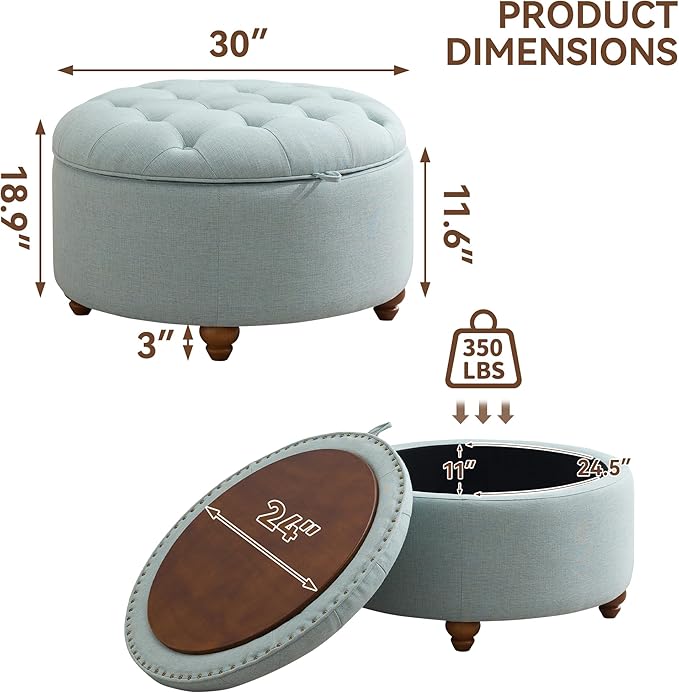 WUTUTUEE 30Inch Round Storage Ottoman with Tray, Modern Tufted Fabric Circle Coffee Table with Storage, Upholstered Ottoman with Removable Top for Living Room, Bedroom, Light Blue